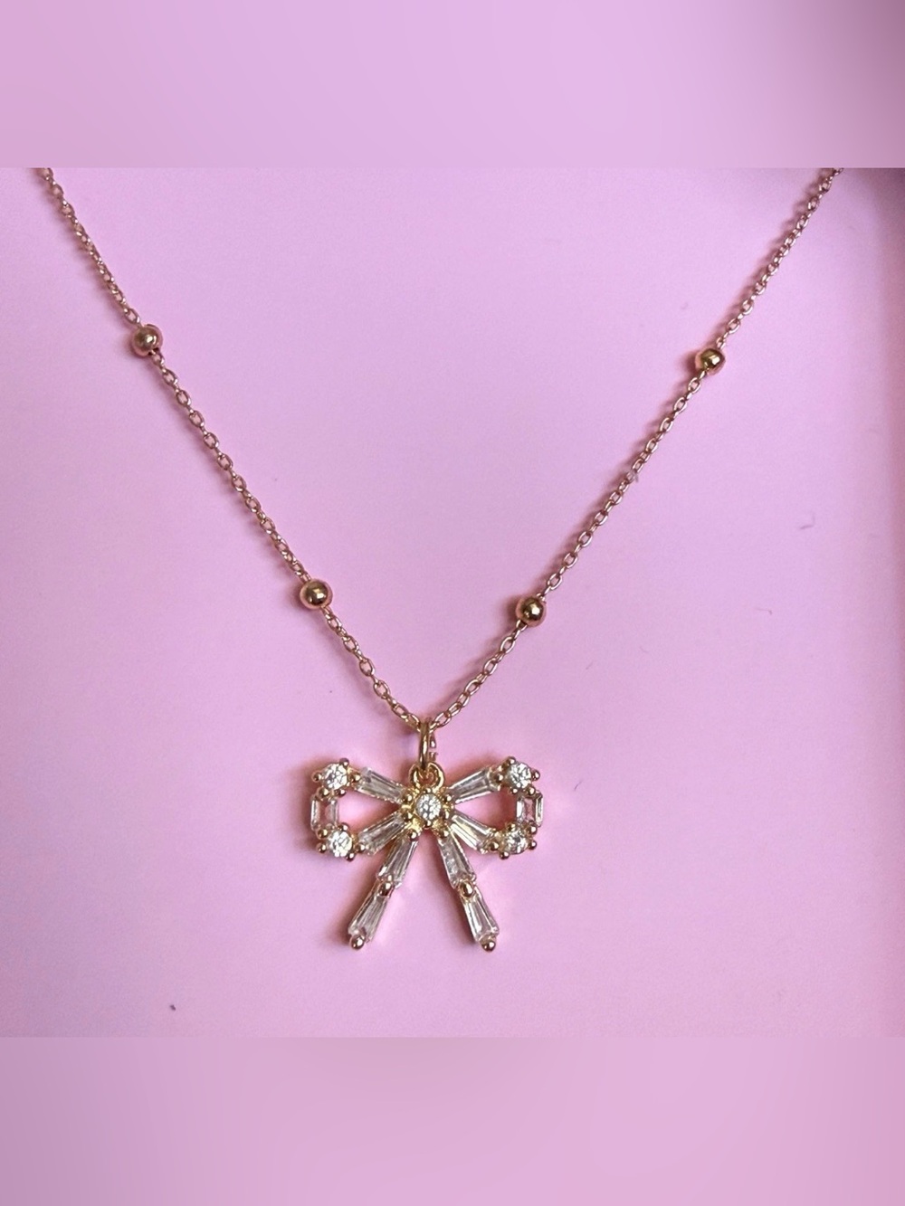Betsey Johnson Dainty Crystal Baguette Bow Tie Ribbon Necklace.NIB/NWT - Picture 2 of 9